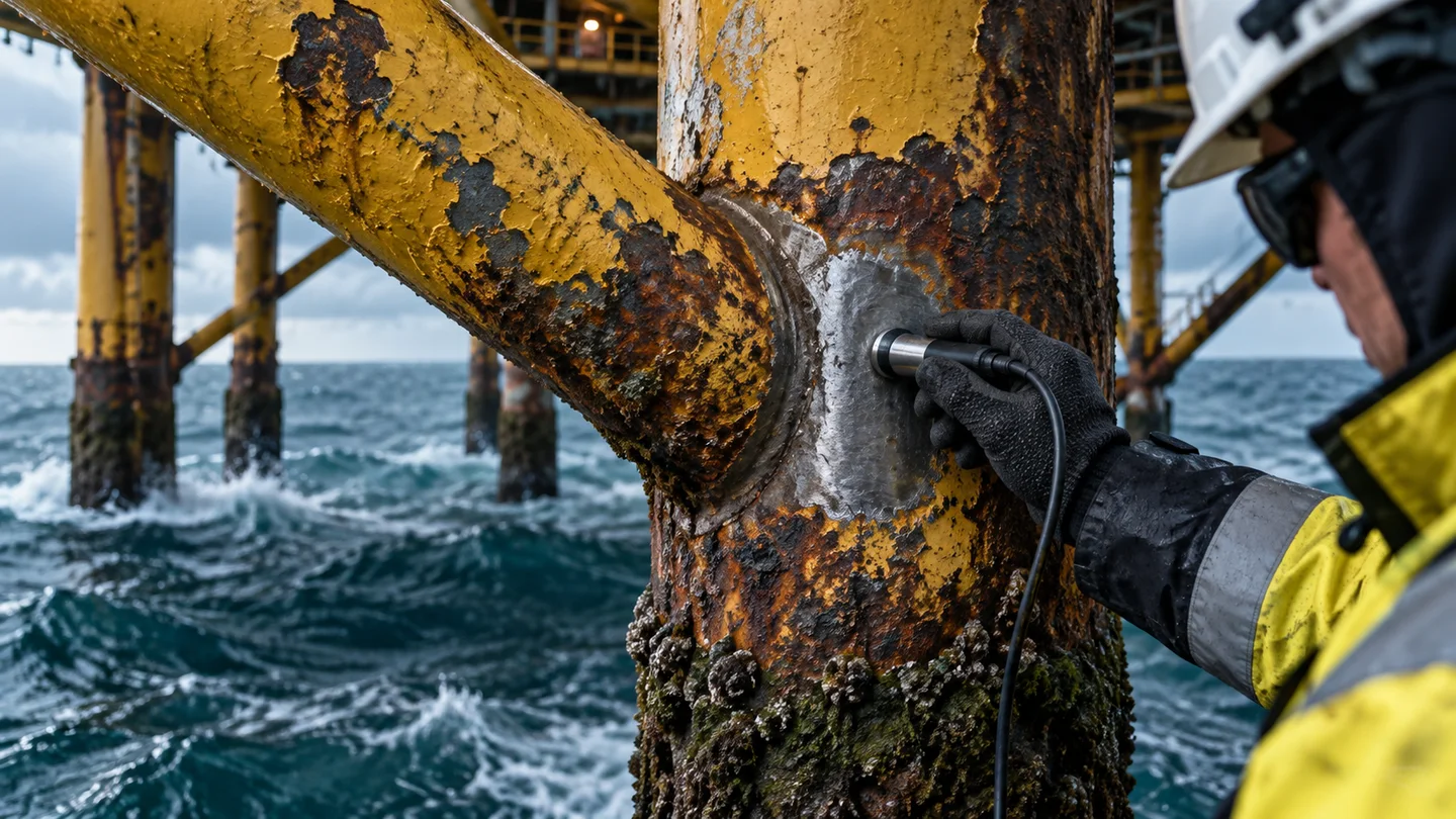 Ultrasonic inspection of a corroded offshore jacket connection to assess remaining steel thickness