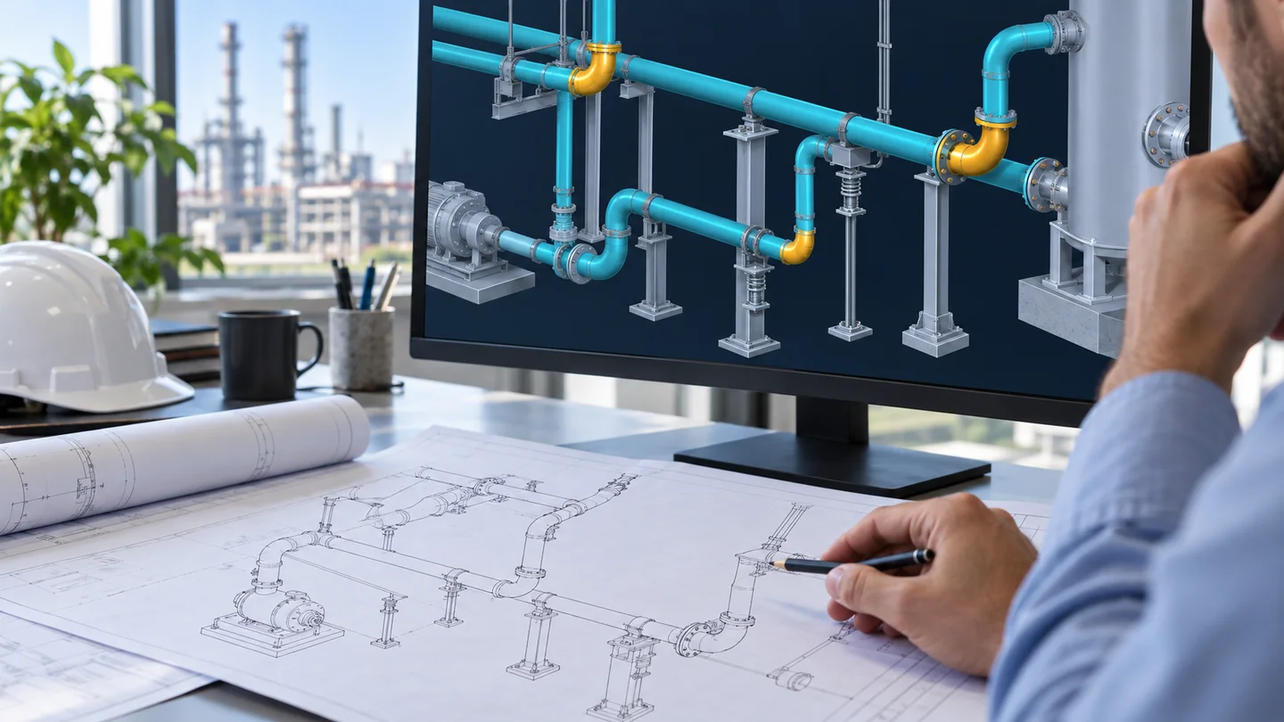 Engineer comparing a piping analysis model with isometric drawings before approval
