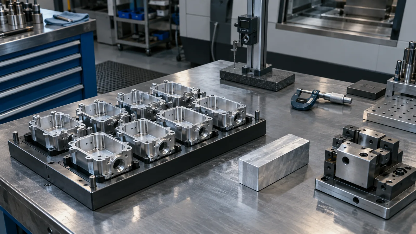 Machined aluminium housings, stock material and inspection tools on a production planning bench