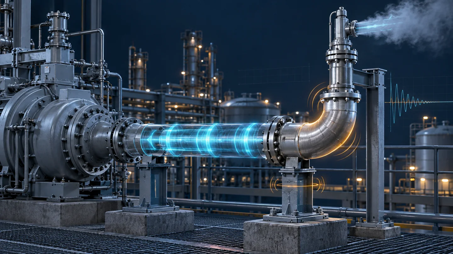 Compressor piping and relief branch with illustrative pressure pulses and vibration response