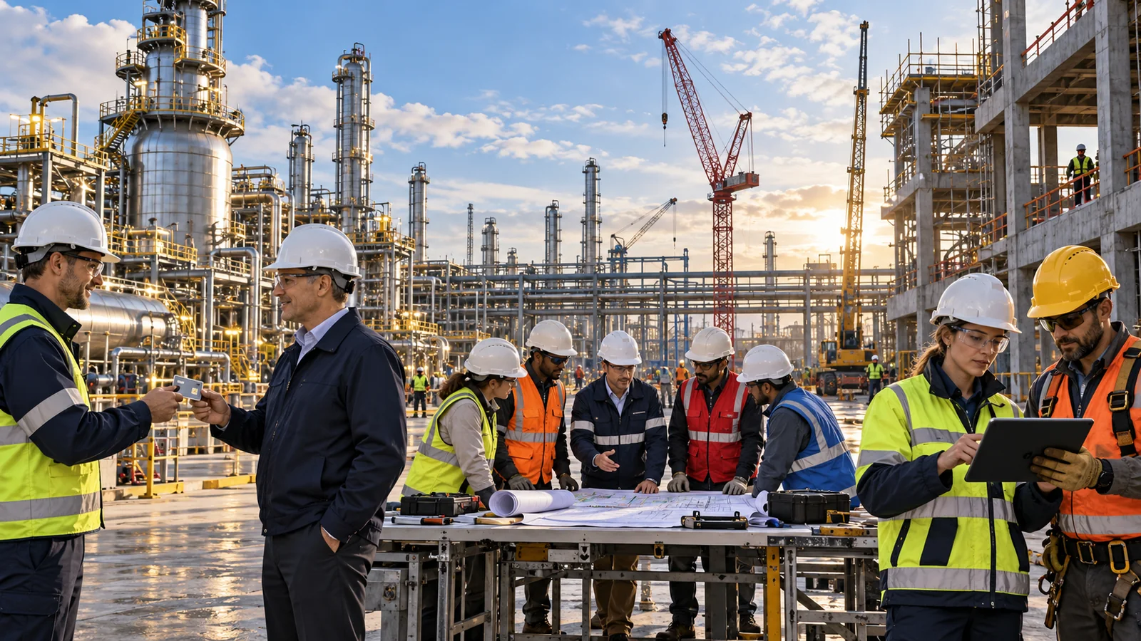 Three industrial project delivery routes shown side by side: a single EPC contractor handing over a complete plant, an owner-led EPCM team managing several contractors, and a design-build partnership on a civil infrastructure site