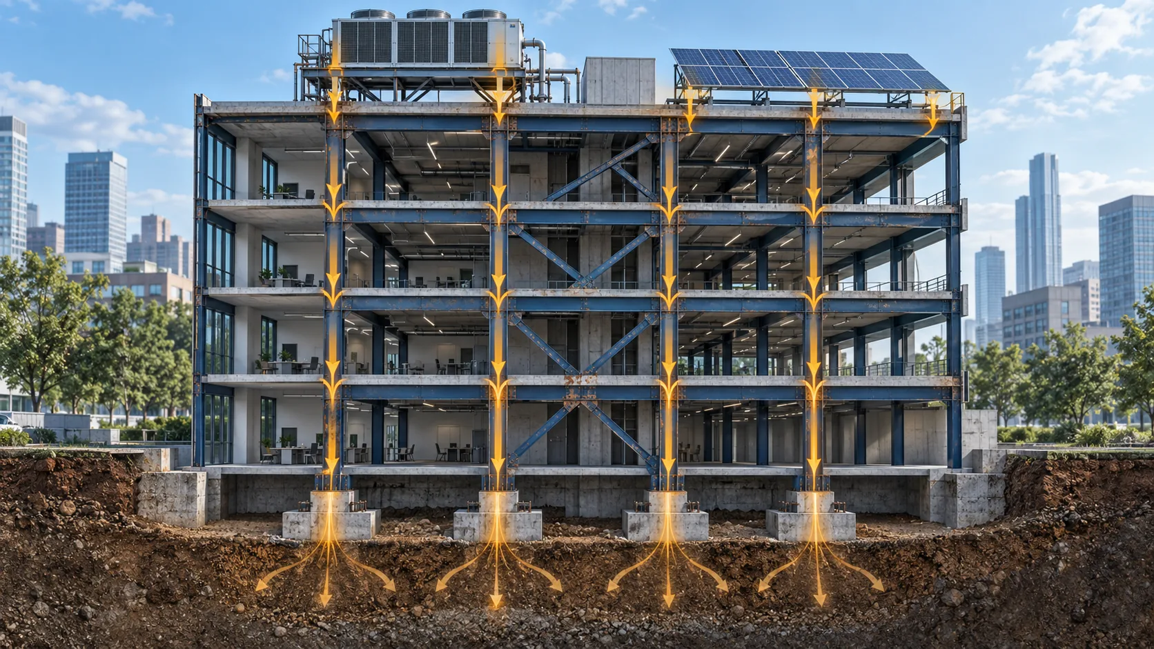 Cutaway of an existing steel and concrete building with new rooftop plant and a solar array, load-path arrows tracing the added reactions down through columns to the foundations and soil