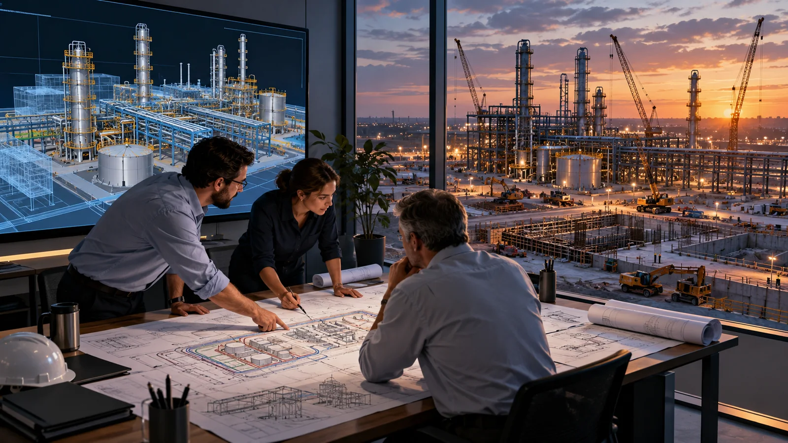 Engineering team reviewing a plot plan, process flow diagram and 3D plant model on a large screen during front-end engineering, with a construction site visible beyond the office window