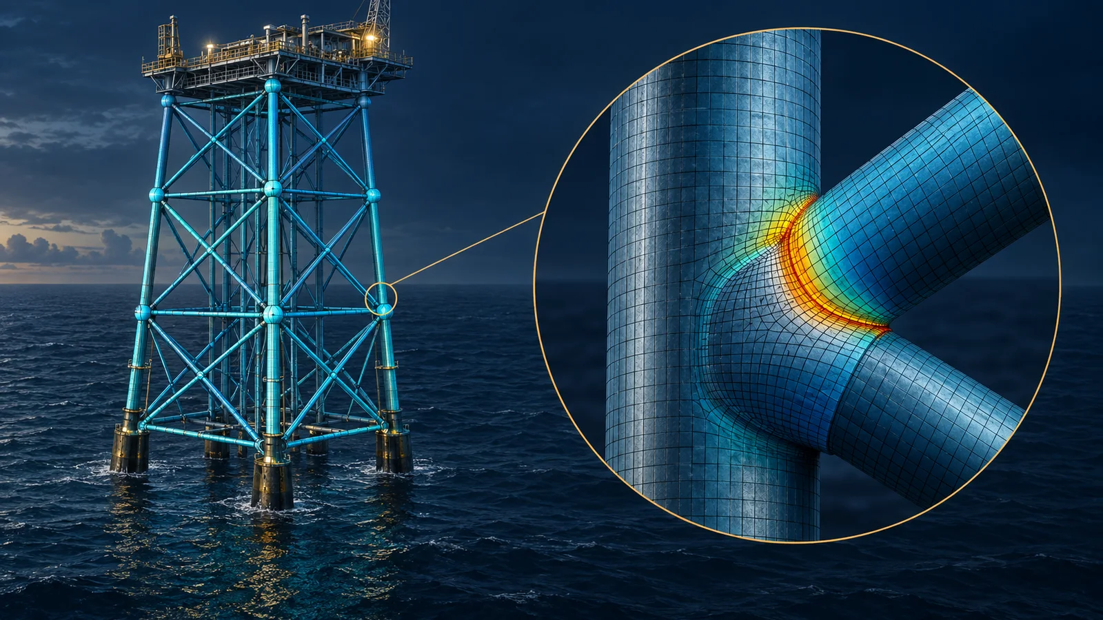 Global offshore jacket beam model linked to a detailed finite element mesh of a tubular joint
