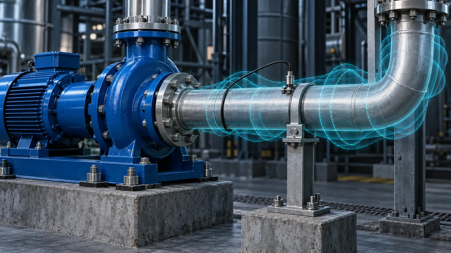 Pump-connected piping with a vibration sensor and illustrative oscillation contours