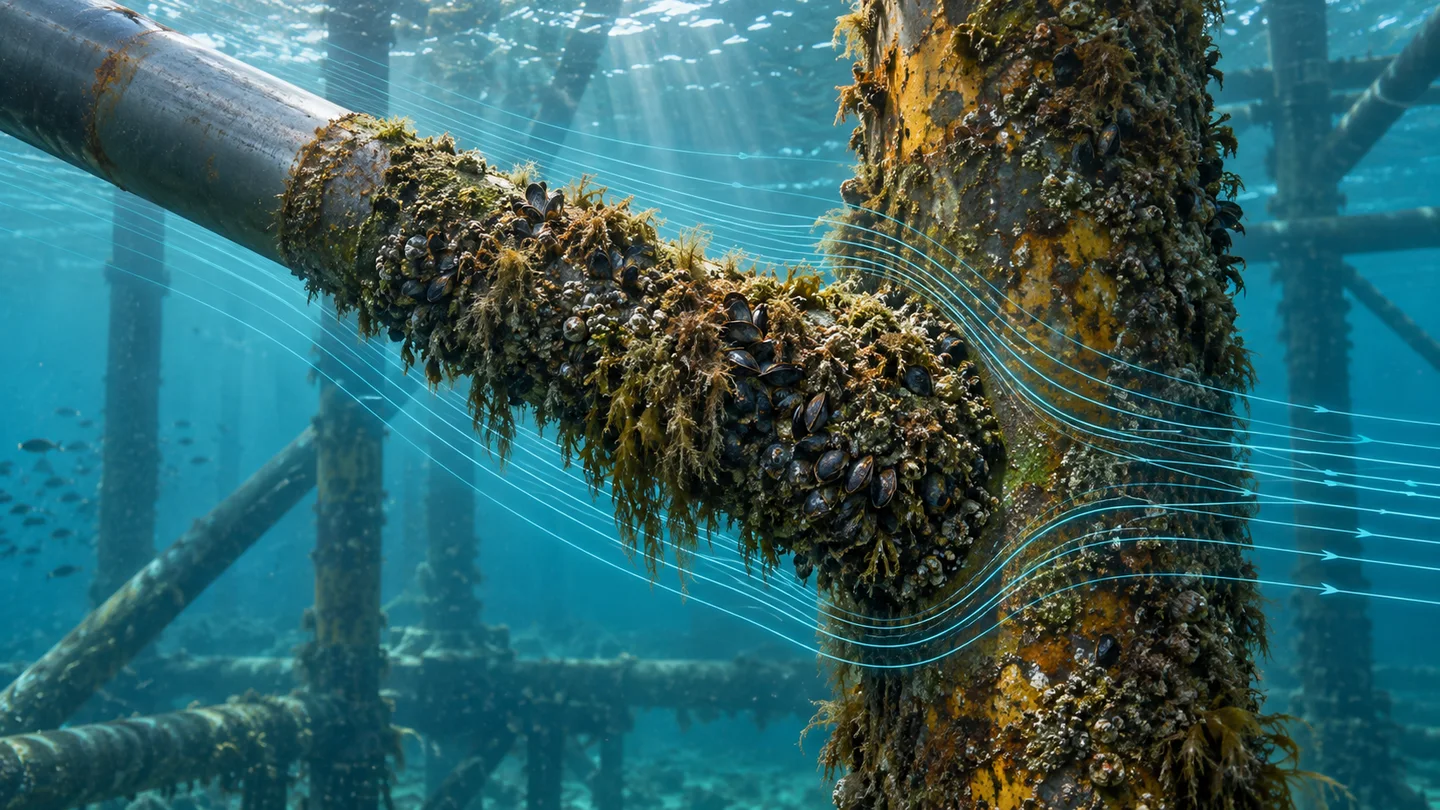 Marine growth on an offshore steel brace with illustrative current streamlines around its enlarged profile