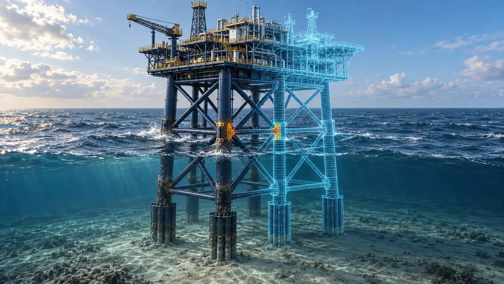 Offshore jacket platform whose right half dissolves into a finite element wireframe of the same structure, with one brace-to-leg joint highlighted as the local detail inside the global model