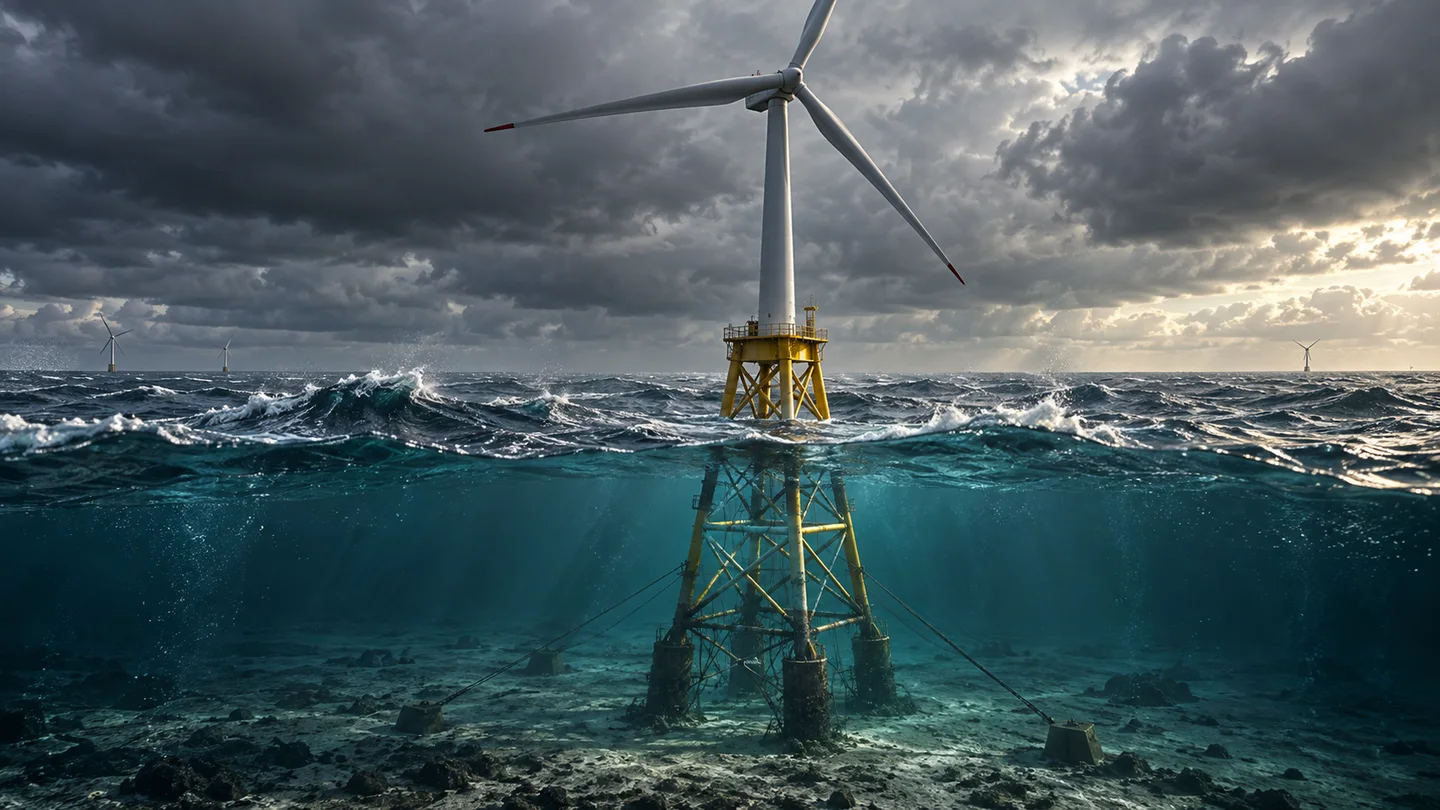 Offshore wind turbine jacket support exposed to waves above an underwater foundation
