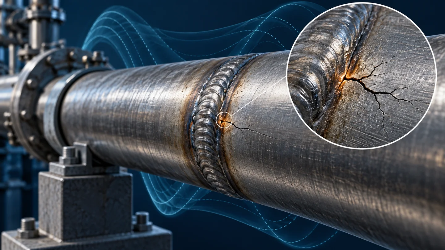 Pipe weld with a magnified illustrative fatigue crack and cyclic movement contours
