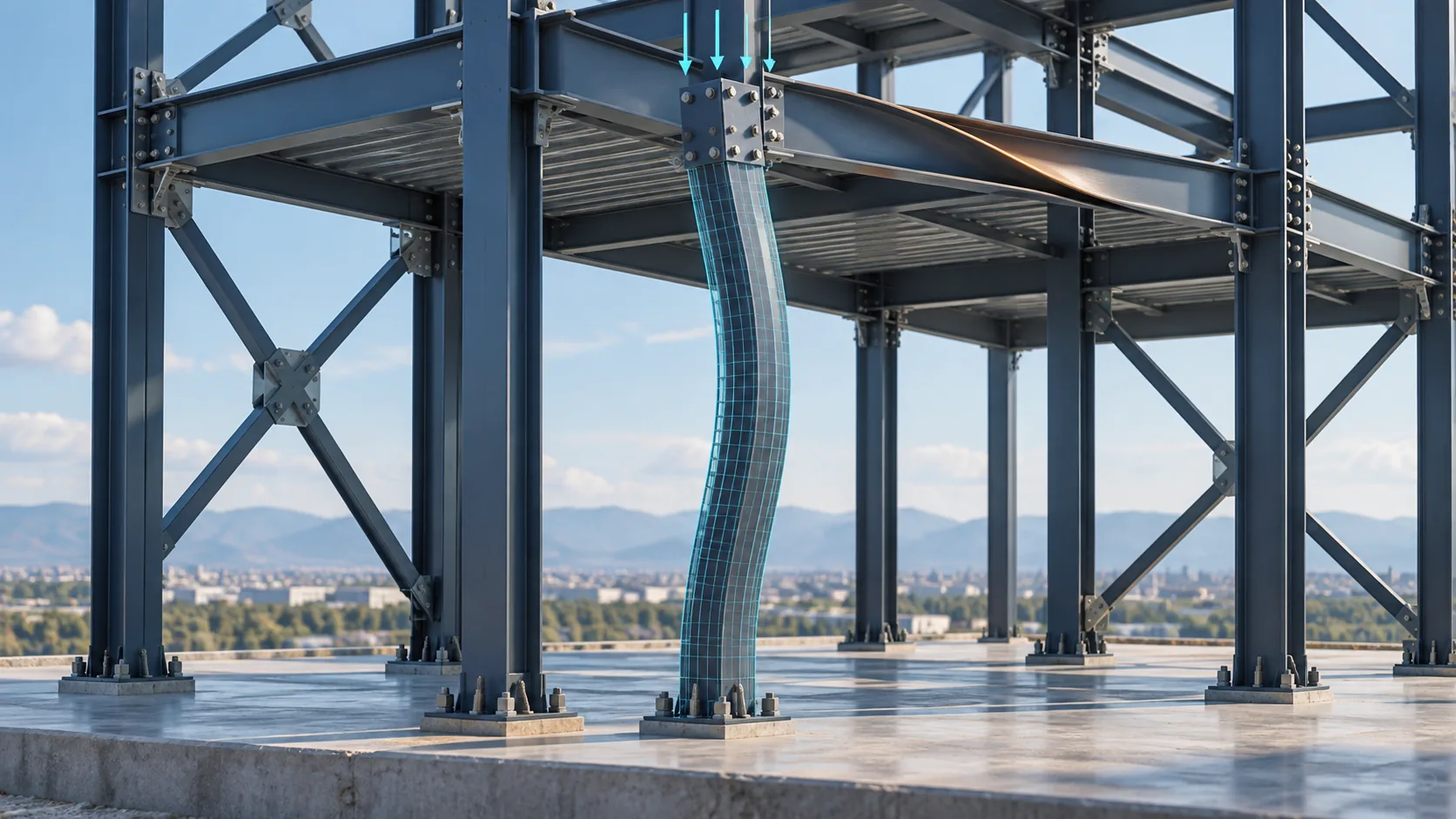 Braced steel frame where one slender column has bowed into a single-curvature buckling mode under axial compression, shown with a wireframe mode shape