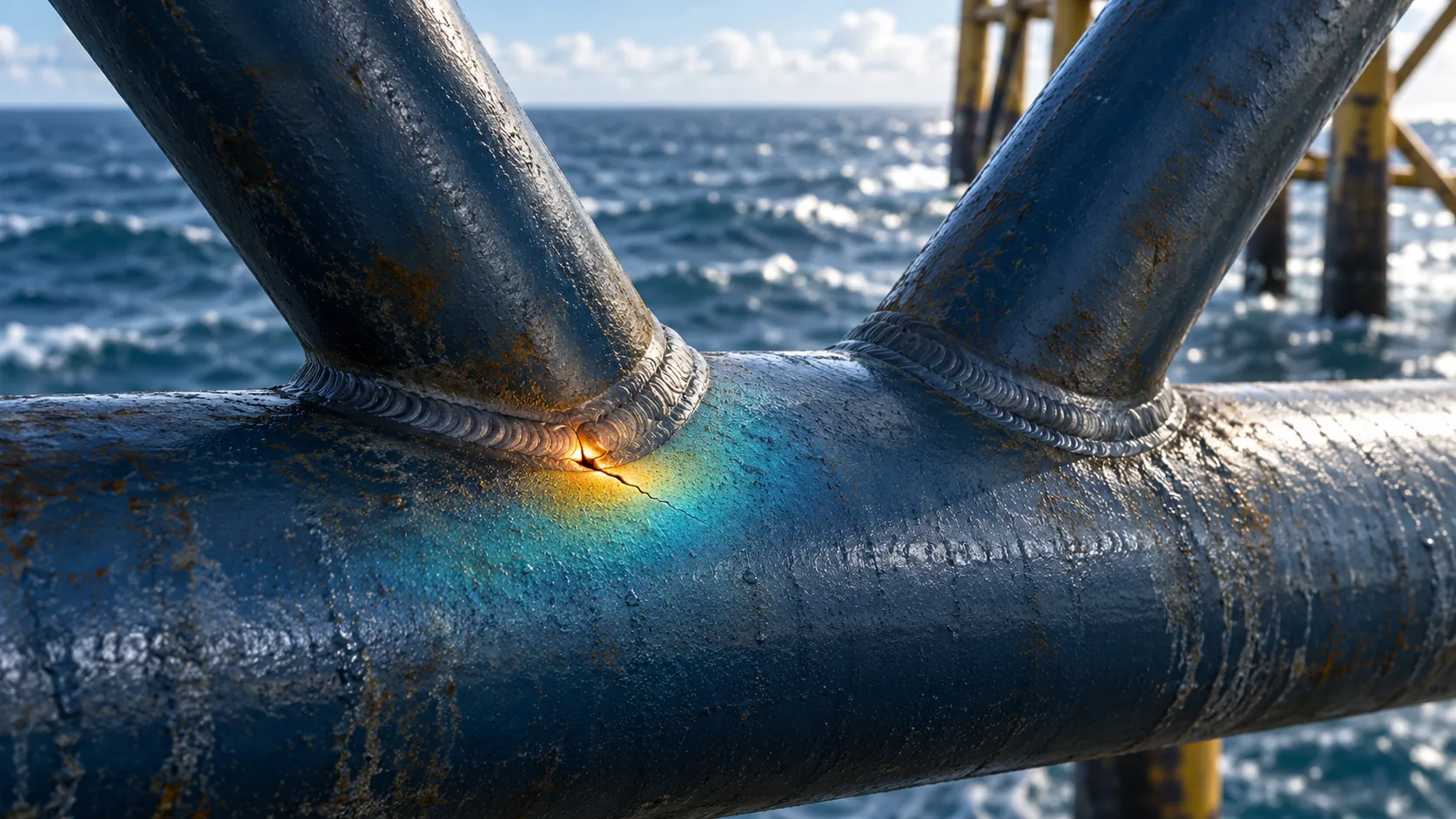Welded tubular K-joint on an offshore brace with a hot-spot stress band around the weld toe and a fatigue crack beginning at the toe of the weld