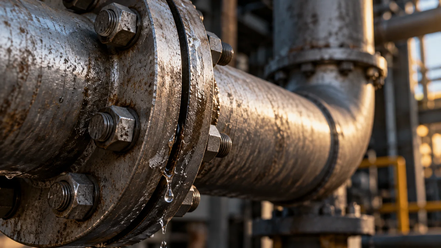 Water droplets emerging from the gasket seam of a bolted pipe flange