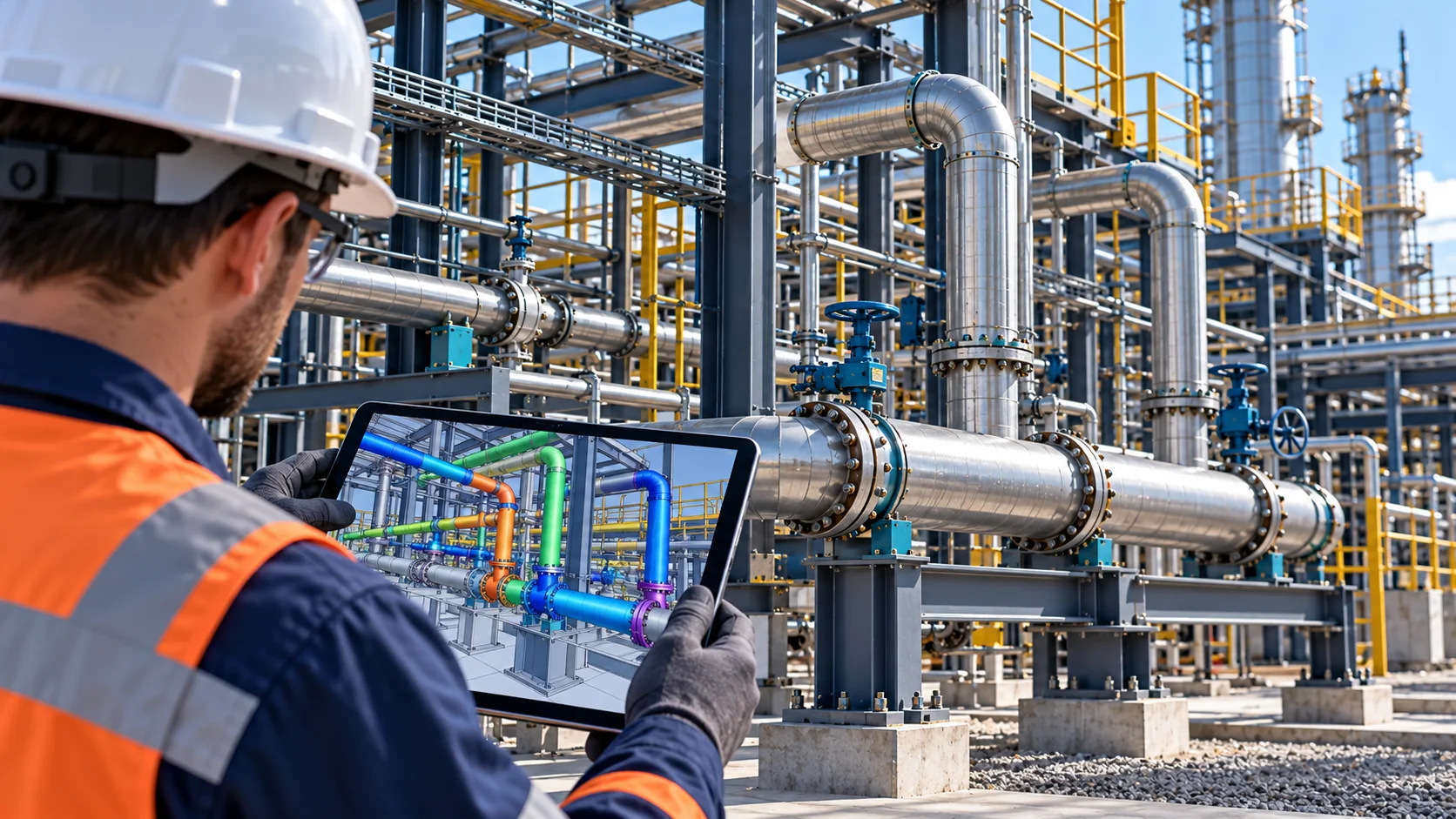 Piping designer reviewing a color-coded 3D plant model on a tablet beside supported process piping in an industrial facility