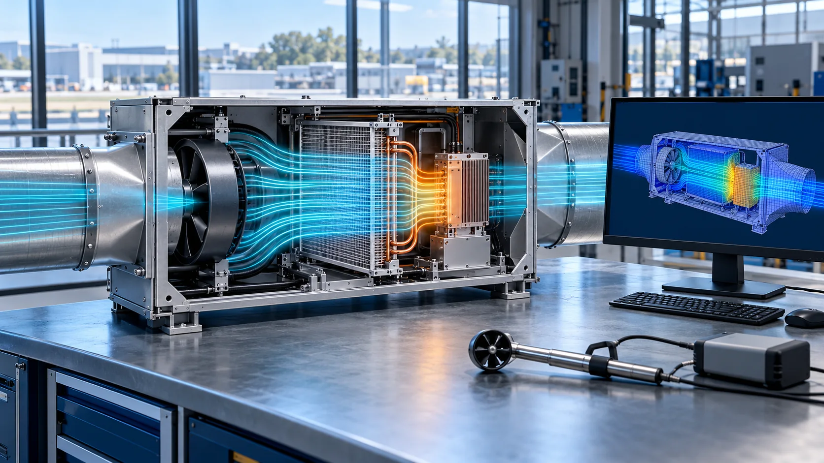 Industrial cooling enclosure with visible airflow through a fan and heat exchanger beside a monitor showing the matching CFD mesh and qualitative flow field