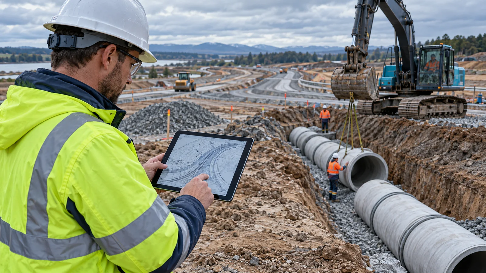 Civil engineer reviewing a site grading plan and road alignment model on a tablet beside an earthworks site with drainage pipes being laid