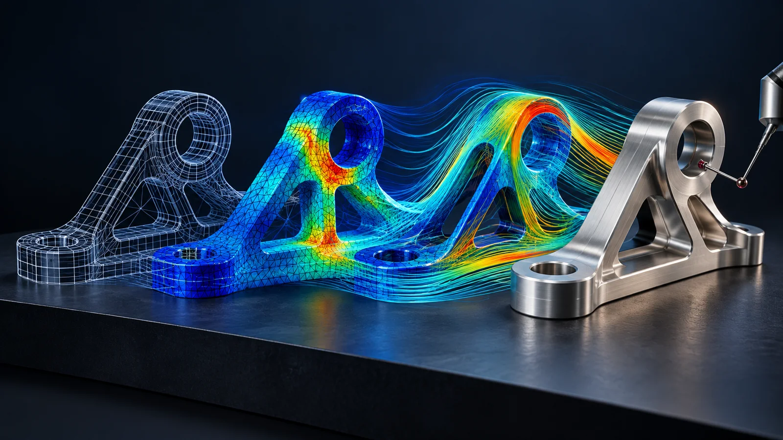 Machined component transitioning from CAD wireframe through FEA and CFD visualizations to a finished inspected part