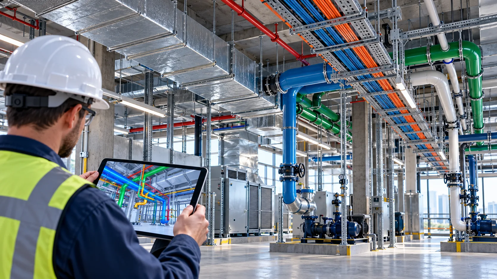 MEP engineer comparing a coordinated services model on a tablet with installed ducts, pipes and cable trays in a modern plant room