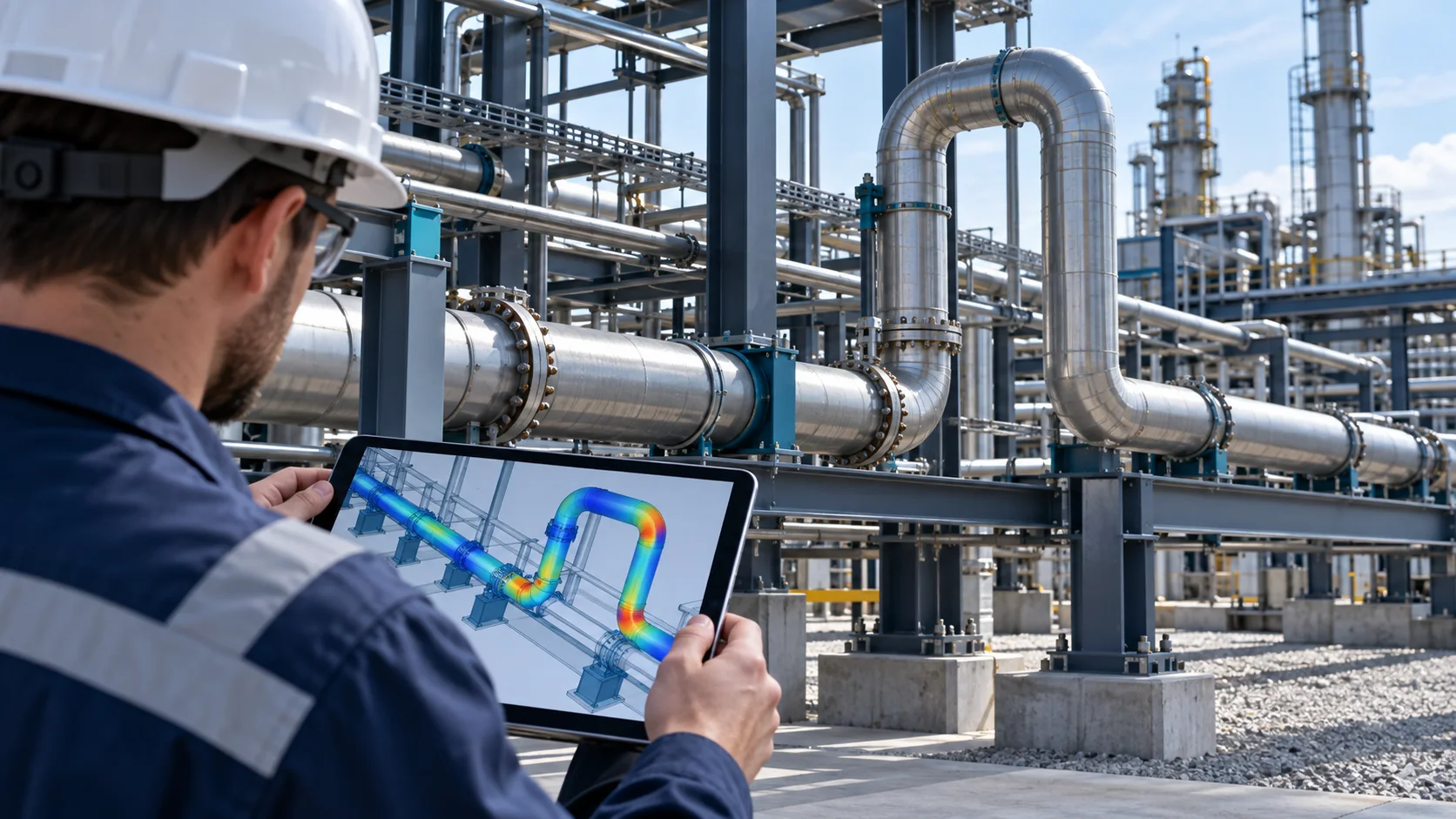 Illustrative engineering scene showing an engineer reviewing a pipe stress model on a tablet beside supported industrial piping and an expansion loop
