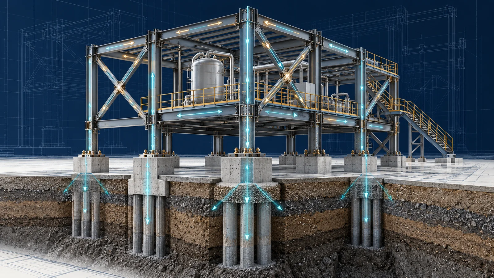 Technical cutaway of a braced industrial steel structure showing load paths through columns and piled foundations