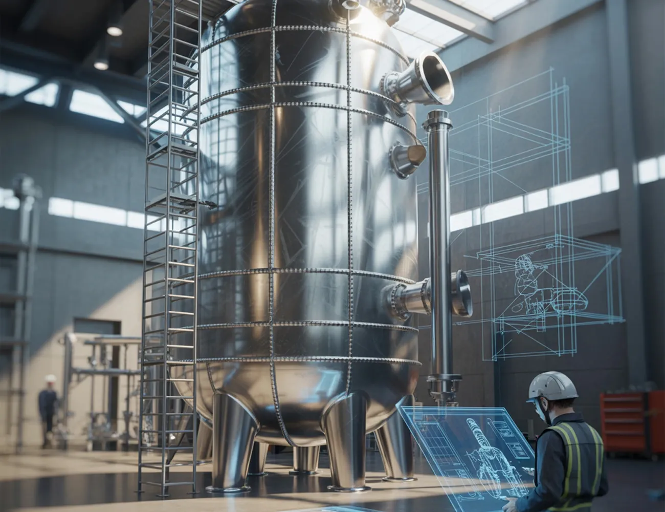 Engineer reviewing the mechanical design of a large steel pressure vessel