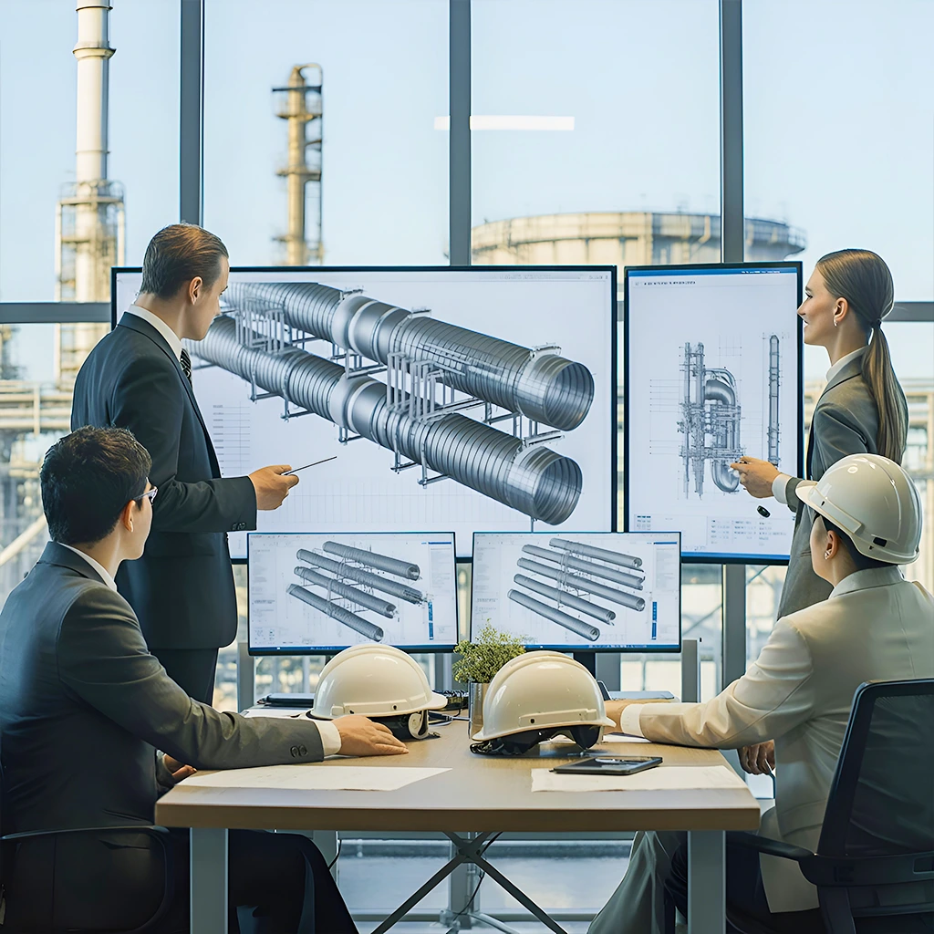 Fluxiss engineering team reviewing piping design models in a project meeting
